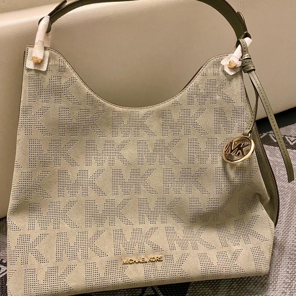 NWT Michael Kors Joan Large Perforated Suede Leather Slouchy Messenger Handbag.